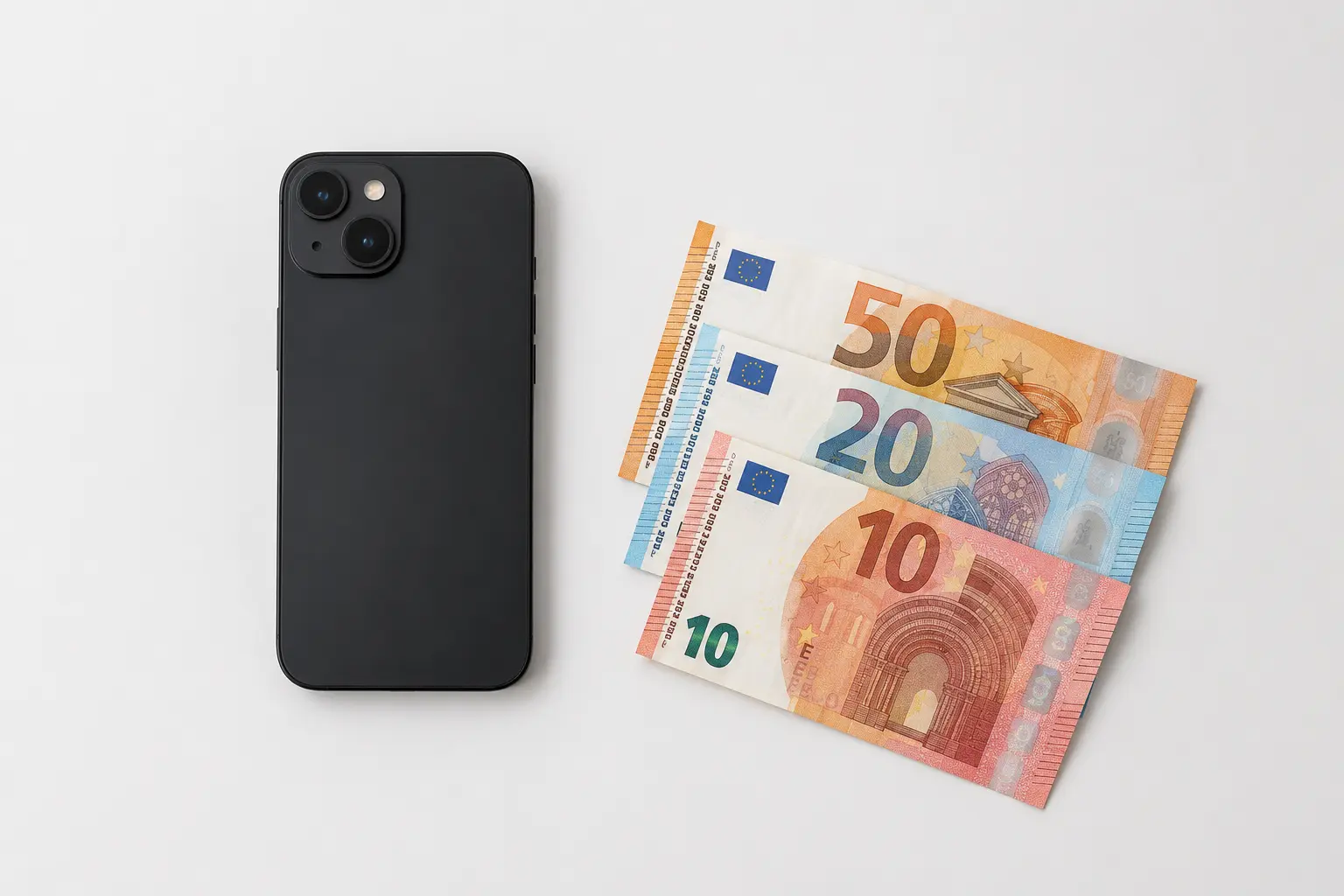 otkup iPhone 13 — telefon i euro novčanice na belom stolu, procena vrednosti