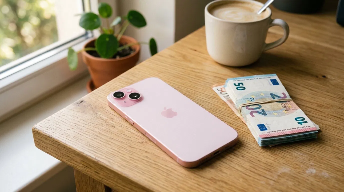 otkup iPhone 15 zeleni telefon i euro novčanice na drvenom stolu