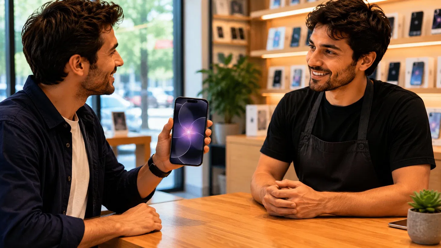 Tehničar pregleda iPhone 17 pri proceni za otkup